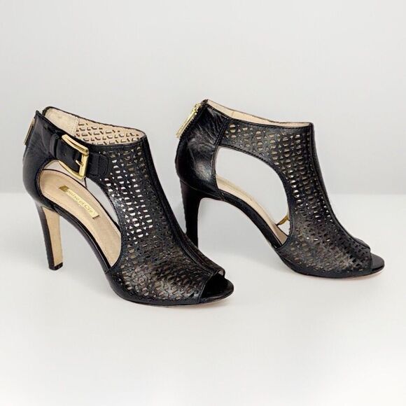 Louise et Cie Black Leather Heels Olivia Perforated Peep Toe Pump Buckle Size 6 - Picture 1 of 15